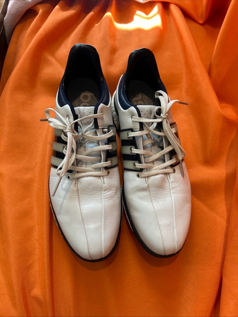 adidas Tour360 Boost Men's Golf Shoes Leather White Navy Spikes Size 9.5